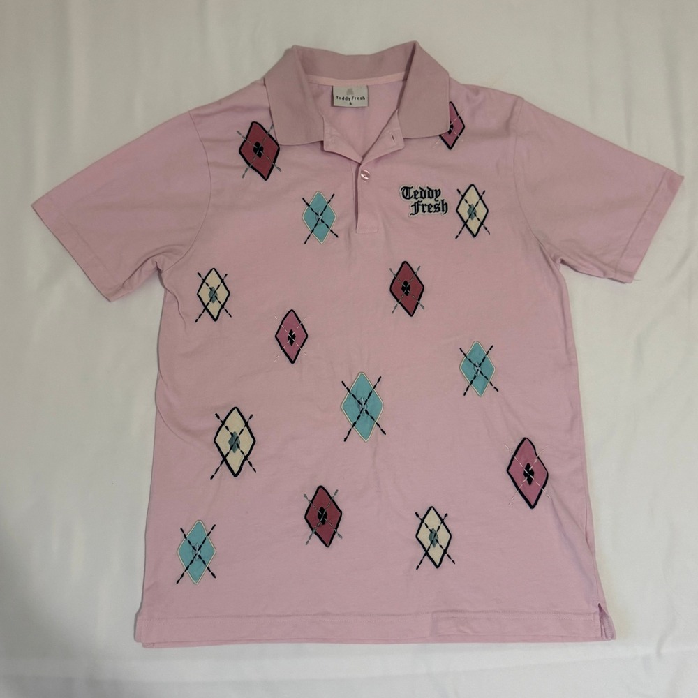 Teddy Fresh Pink Argyle Diamond Embroidered‎ Polo Shirt Men's Size S